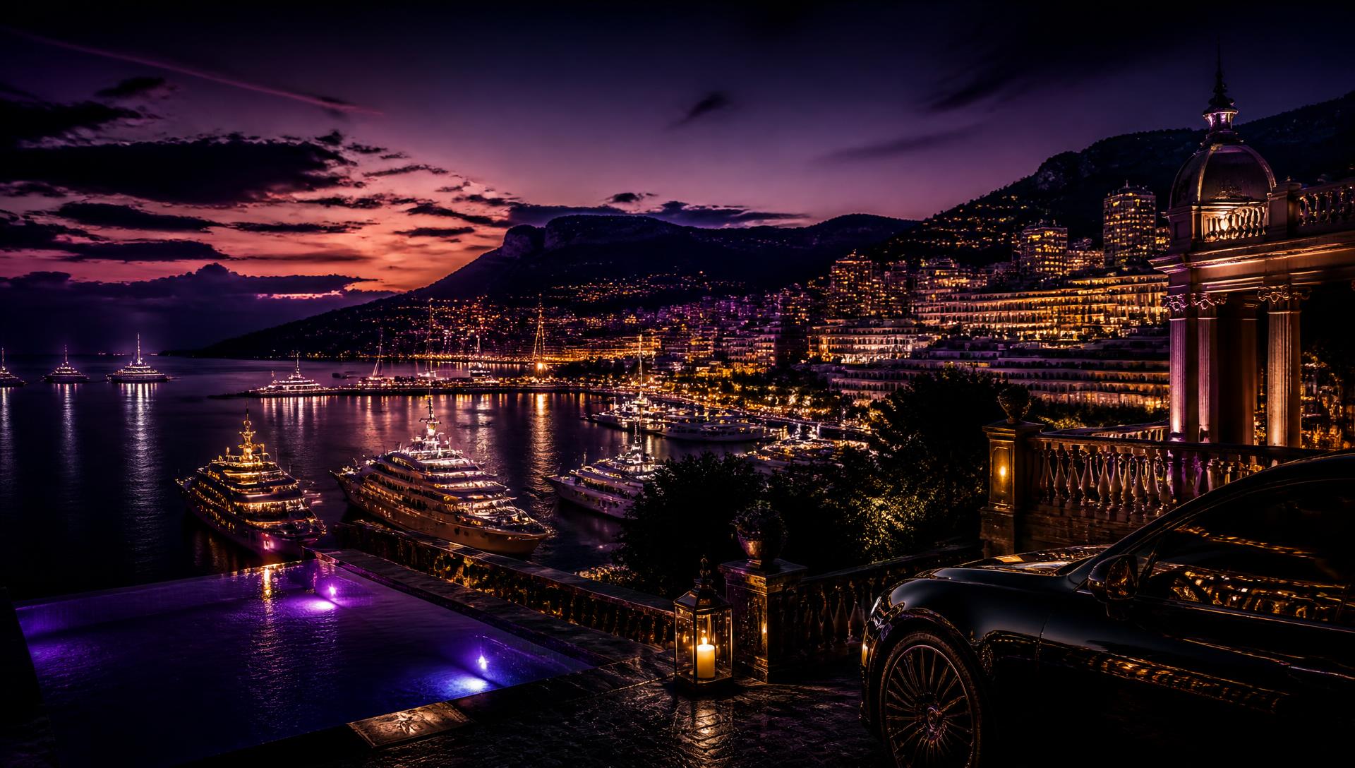 Monaco au crépuscule, yachts et terrasses